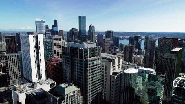 Seattle City Aerial of Skyscrapers and Mt Rainier Background