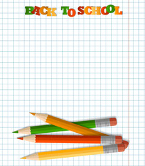 Colored pencils with an eraser, school supplies, stationery, a checkered notebook. The concept of schooling, back to school, first time to school