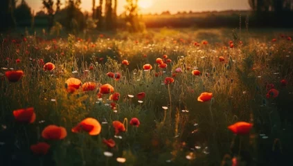 Foto op Plexiglas A beautiful field of red poppies in the sunset light. Beautiful blooming red poppies © Intel