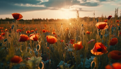 A beautiful field of red poppies in the sunset light. Beautiful blooming red poppies