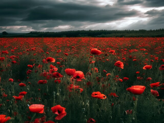 A beautiful field of red poppies in the sunset light. Beautiful blooming red poppies