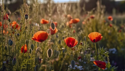 Obraz premium A beautiful field of red poppies in the sunset light. Beautiful blooming red poppies