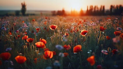Fototapeta na wymiar A beautiful field of red poppies in the sunset light. Beautiful blooming red poppies