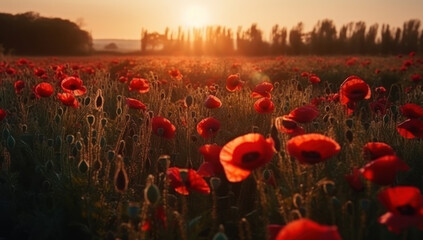 A beautiful field of red poppies in the sunset light. Beautiful blooming red poppies - obrazy, fototapety, plakaty