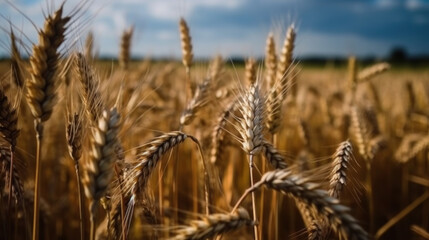 Fototapeta premium Close-up photo. Beautiful wheat field against the blue sky.