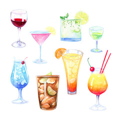 Watercolor Hand Painted alcoholic drinks cocktails collection