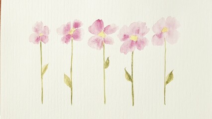 Cute pink watercolor flowers on white paper