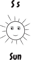 Sun icon with English alphabet S letter.For worksheets and coloring pages.