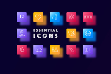 Medical symbol icon set. Healthcare healing concept. Glassmorphism style. Vector line icon for Business and Advertising