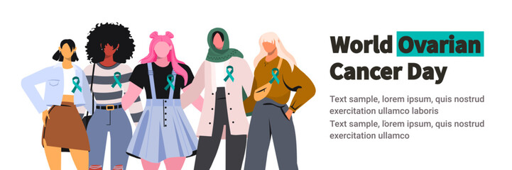 Fototapeta na wymiar Vector illustration of five young modern diverse women standing together in an embrace with blue green ribbon support symbol on chest. World ovarian cancer awareness day concept.
