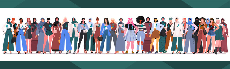 Fototapeta premium Ovarian Cancer Awareness Month. Women of different ethnicities stand side by side together with teal color ribbon on chest. Healthcare and medicine concept. Colorful vector illustration.