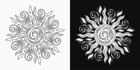 Fototapeta na wymiar Sun with spirals, swirls, halftone shapes. Concept of harmony and balance. Monochrome illustration in vintage style on black, white background. Solar traditional sign. Good for groovy, hippie style