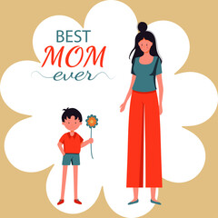 Cartoon boy holding a flower, congratulations to mom on mother's day, the best mom ever, happy birthday, illustration stylized in a flat style, vector graphics with an inscription. Postcards, congratu