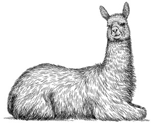 Vintage engraving isolated lama set illustration ink  sketch. Alpaca background America animal silhouette art. Black and white hand drawn image. © Turaev