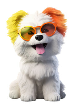 a realistic of a happy, furry, and cute dog or cat with sun glass cartoon style