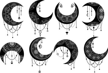 Set of black moon, crescent symbol with decorative ornament. Magic spa, manicure, jewelry store elements. Mystic symbol in boho style. Secret sacred vector sign isolated on white background
