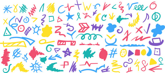 Large set of dashes lines iconic symbols hand drawn with multicolored felt-tip, pens, markers. Underline stroke, hatching, circle, square, triangle. Big simple colorful vector kit isolated on white