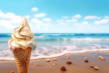 delicious ice cream in a waffle cone on the background of the sea -Ai