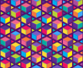 Geometric Cube Disco Seamless Pattern in 80s style. Ornament for printing on fabric, cover and packaging. Vector isolated on white