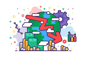 Global economic Crisis. Falling quotes and value of securities on stock exchange. Depreciation of cash and bank deposits. Outline vector concept isolated on white background