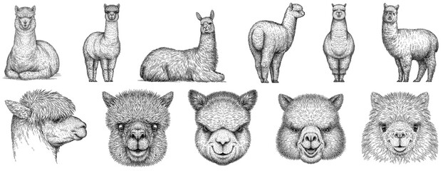 Vintage engraving isolated lama set illustration ink  sketch. Alpaca background America animal silhouette art. Black and white hand drawn image. © Turaev