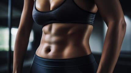 Fototapeta na wymiar Fitness woman showing abs and flat belly, Close up, Gnerative AI