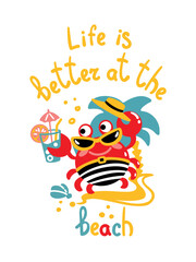 Funny crab in striped swimming trunks is resting on the beach. Summer illustration. Vector.