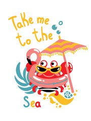 Obraz na płótnie Canvas Funny crab on summer vacation on the beach. Set of summer illustrations with shorts phrases. Vector.