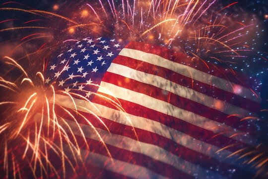American Flag Background with Celebratory Fireworks on USA Independence Day. AI