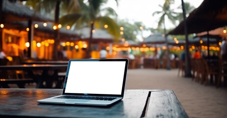 Laptop with cut out screen at sea resort. Remote work and business in palm paradise. Can be used in description of digital nomads jobs or vacation illustrations. Copy space. Based on Generative AI
