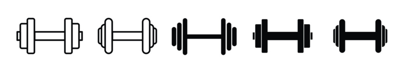 Dumbbell icons set in outlined and filled flat style. Gym heavy strength training dumbbell line pictograms. Weight lifting dumbbell signs.