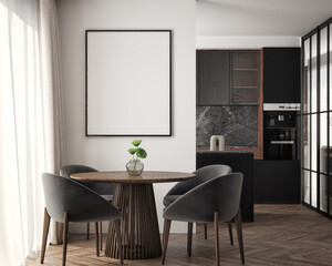 Mockup poster frame on the wall of living room. Luxurious apartment background with contemporary design. Modern interior design. 3D render, 3D illustration