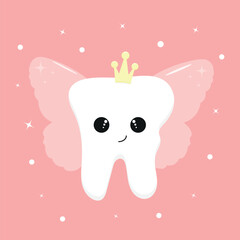 Cartoon vector illustration of a tooth fairy on a pink background.