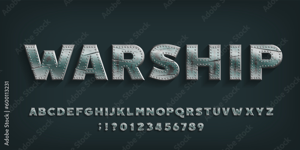 Fototapete warship alphabet font. damaged metal letters and numbers. stock vector typescript for your design.