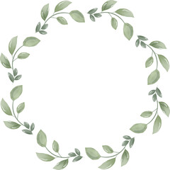 Watercolor delicate wreath from green leaves. Elegant Botanical round frame for decorate card, invitation, postcard design. Graphic element PNG isolated on transparent background