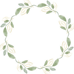 Watercolor delicate wreath from green, golden leaves. Elegant Botanical round frame for decorate card, invitation, postcard design. Graphic element PNG isolated on transparent background