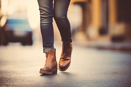 Woman in jeans and boots walking on city street. Closeup of the feet. Denim fashion concept. Generative AI