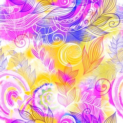 Fototapeta na wymiar Pink and Yellow Abstract Psychedelic Feathers, Large Scale Seamless Pattern