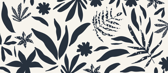 Fototapeta premium Monochromatic vector background with scattered abstract black leaves, flowers and other botanical elements. Random cutout dark tropical foliage collage, ornamental texture, cute decorative pattern