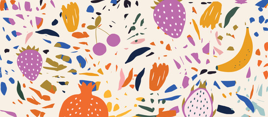Terrazzo inspired vector background with scattered abstract shapes, chips, fruit, banana, pitaya, strawberry and pomegranate. Random cutout forms collage, ornamental texture, cute decorative pattern