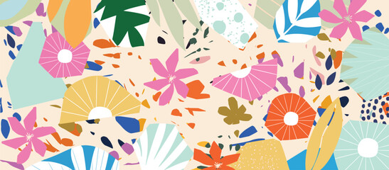 Fototapeta na wymiar Terrazzo inspired vector background with scattered abstract shapes, chips, leaves, flowers and other botanical elements. Random cutout forms collage, ornamental texture, cute decorative pattern
