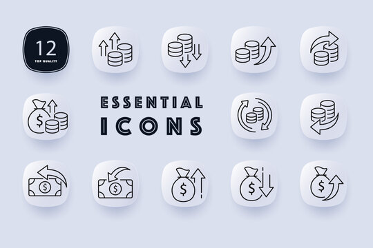 Money icon set. Financial management, investment, and wealth creation. Finance. Neomorphism style. Vector line icon for Business and Advertising