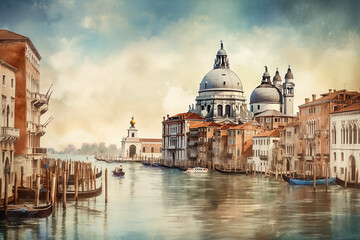 Naklejka premium Panoramic view of Canal Grande with Basilica di Santa Maria della Salute in Venice, Italy.