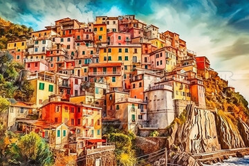 Fototapeta na wymiar Beautiful colorful cityscape on the mountains over Mediterranean sea.