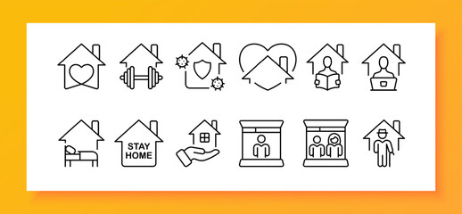 Stay at home icon set. Public health message encouraging people to stay at home and practice social distancing during. Pandemic. Vector line icon for Business and Advertising
