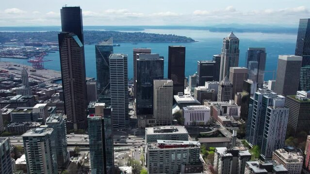 Sweeping Wide Aerial of Tall Seattle Buildings