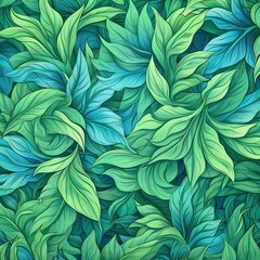 Naklejka na ściany i meble Seamless pattern of fresh green foliage leaves in the background. Ideal for eco-friendly designs. Generative AI