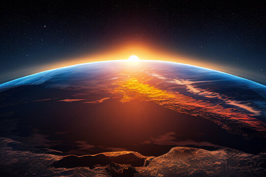 Earth from space with rising sun. Earth with the sun rising from outer space.