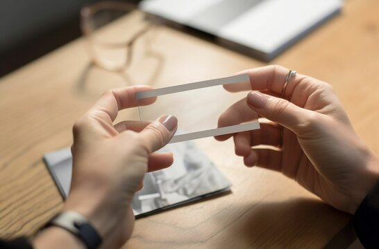 women hand holding virtual, transparent business card. Genarative ai