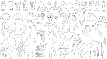 Fairy Creature Coloring Page Paper Doll with Cute Cartoon Character, Wings, Clothes, Hairstyles, Shoes and Wands. Vector Illustration
